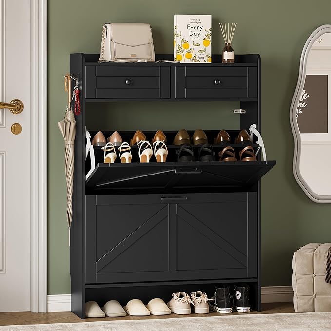 Shoe Storage Cabinet for Entryway, Farmhouse Narrow Shoe Cabinet with 2 Flip Drawers & Top Drawers, Adjustable Shelves & Hooks, Freestanding Hidden Rack Organizer for Hallway, Foyer