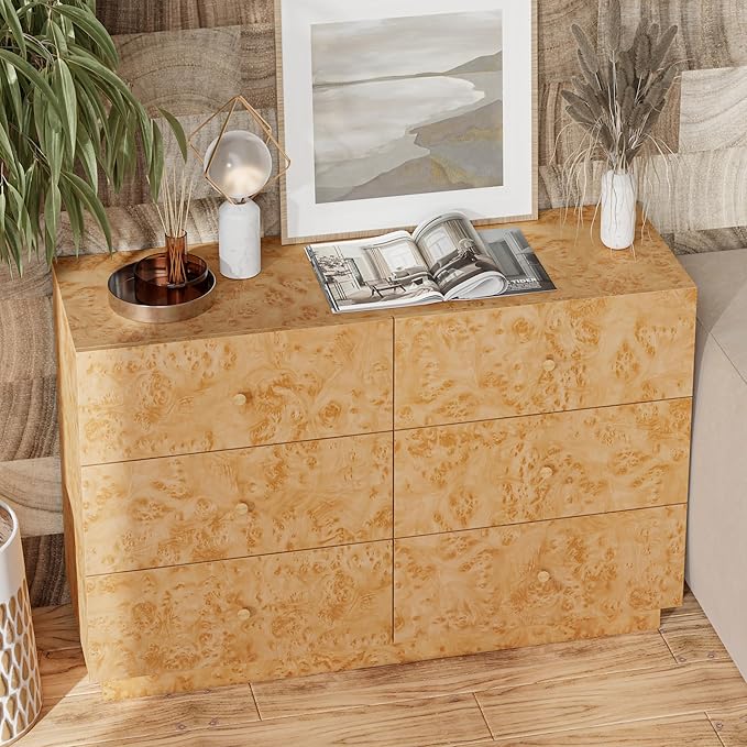 Modern 6 Drawer Dresser with Burl Finish, Wide Wood Chest of Drawers Clothes Organizer, Stylish Large Storage Cabinet for Bedroom or Entryway