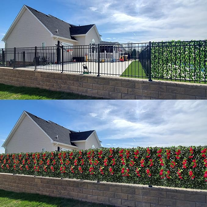 Sumery Expandable Fence Privacy Screen for Balcony Patio Outdoor,Decorative Faux Ivy Fencing Panel,Artificial Hedges (Single Sided Leaves) (4, Branches -Red Rose)