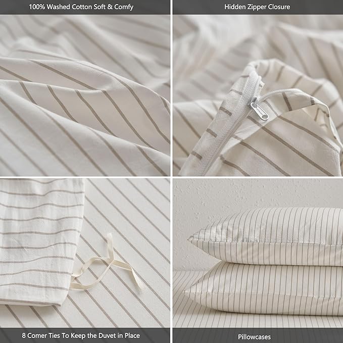 MooMee Striped Duvet Cover Set 100% Washed Cotton Linen Like Textured Breathable Durable Soft Comfy (White Tannish Linen Grey Wide Stripes, Super King Plus 120"x120")