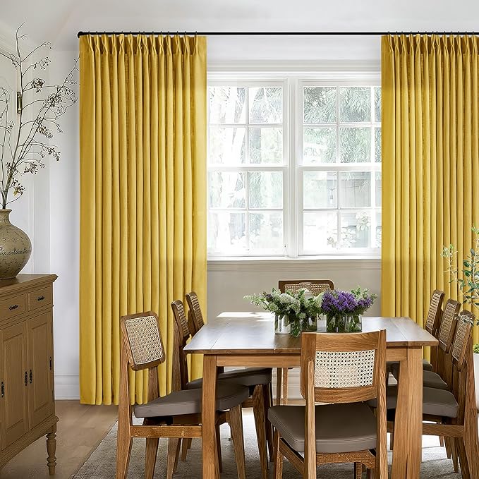 Extra Long Mustard Yellow Linen Curtains 120 Inches Long Gold Yellow Funky Farmhouse Rustic Curtain Light Filtering Semi Sheer Back Tab Pinch Pleat Curtain for Tall Ceiling Living Room 2 Panels