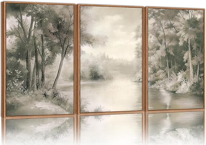 Yeehomedec Vintage Nature Landscape Framed Canvas Wall Art Set, Rustic Misty Forest Sketch Wall Decor, Neutral Wooden Trees Art Print, Retro Foggy Scenery Artwork for Living Room Bedroom Office 16"x24"x3