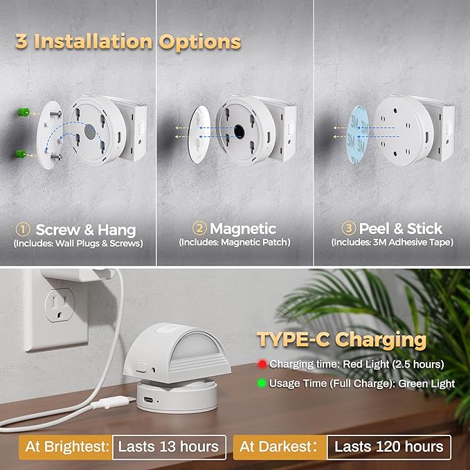 DORESshop Motion Sensor Night Light Indoor, Rechargeable Night Lights, Magnetic Stick-On Stair Lights 3000K Warm White, Battery Operated Lights for Hallway,Kitchen,Closet,Bedroom