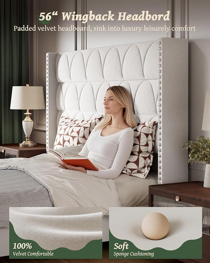 King Size Bed Frame with 56" Headboard - Velvet Upholstered Wingback Platform Bed Frame, Noise Free, Sturdy Wooden Slat Support (Cream, King)
