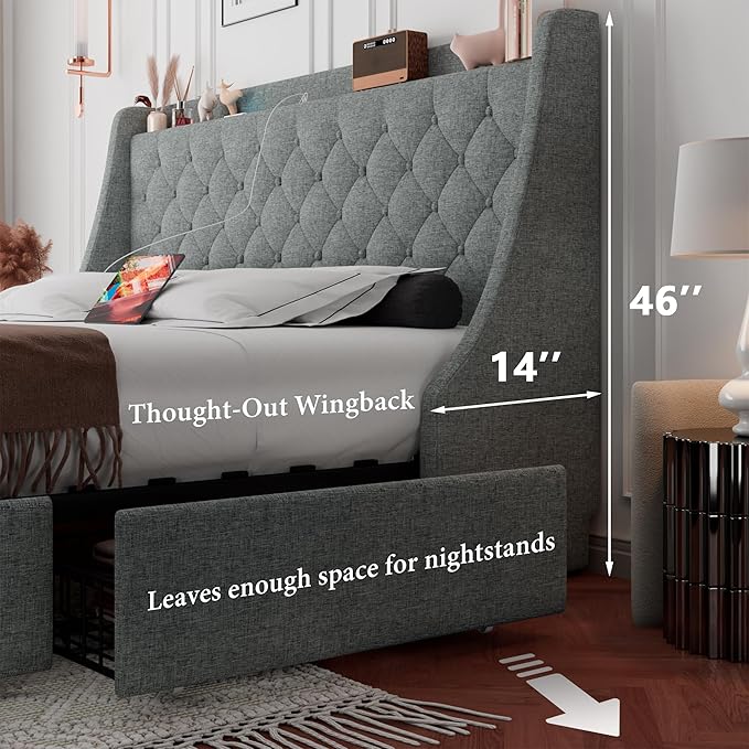 iPormis Queen Bed Frame with 4 Storage Drawers, Upholstered Platform Bed Frame with Type-C & USB Ports, Wingback Storage Headboard, Solid Wood Slats, No Box Spring Needed, Light Gray