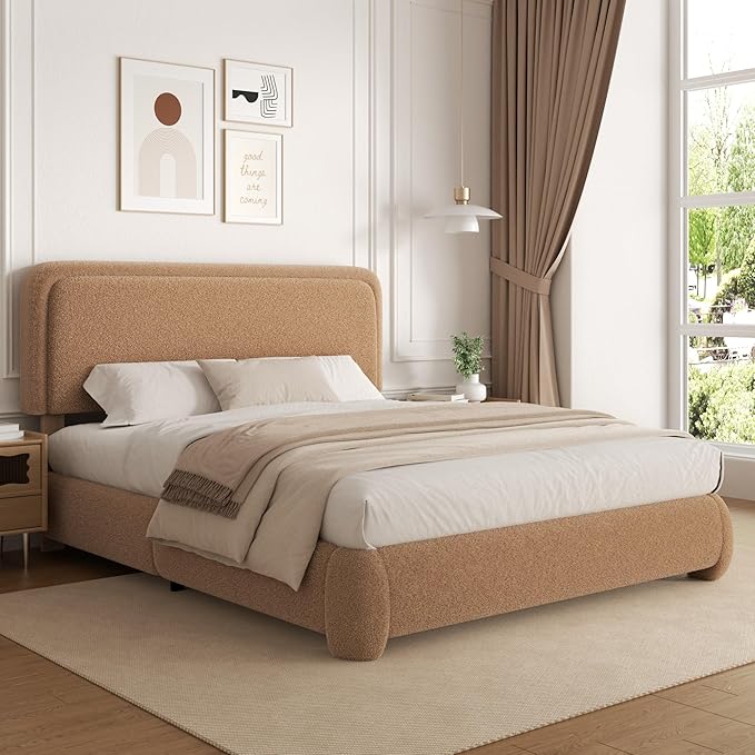 Queen Size Boucle Platform Bed Frame, Upholstered Cloud with Adjustable Headboard, Anti-Collision Soft Rounded Corners, No Box Spring Required, Easy Assembly, Noise Free