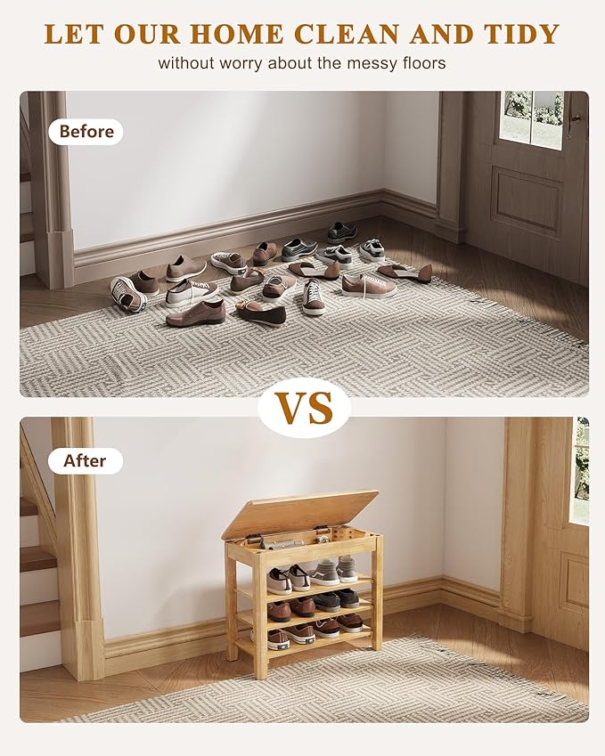Shoe Rack Bench Seat Rubberwood 3-Tier Wooden Storage Bench 550lbs Compact Mid-Century Modern Design for Entryway, Hallway, Closet, Front Door Entrance, Foyer