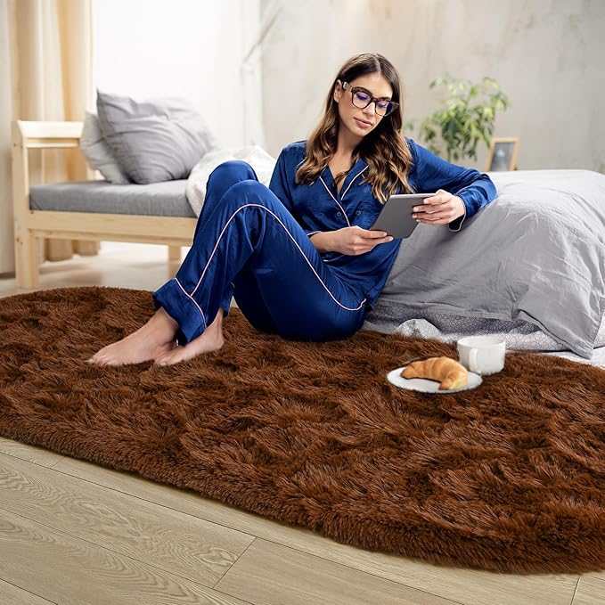 Noahas Fluffy Brown Rugs for Bedroom Living Room,2.6'X5.3' Oval Throw Rug for Kids Room,Shag Hallway Runner Rug,Small Soft Shaggy Bedside Non-Slip Plush Nursery Dorm Carpet Home Decor Aesthetic
