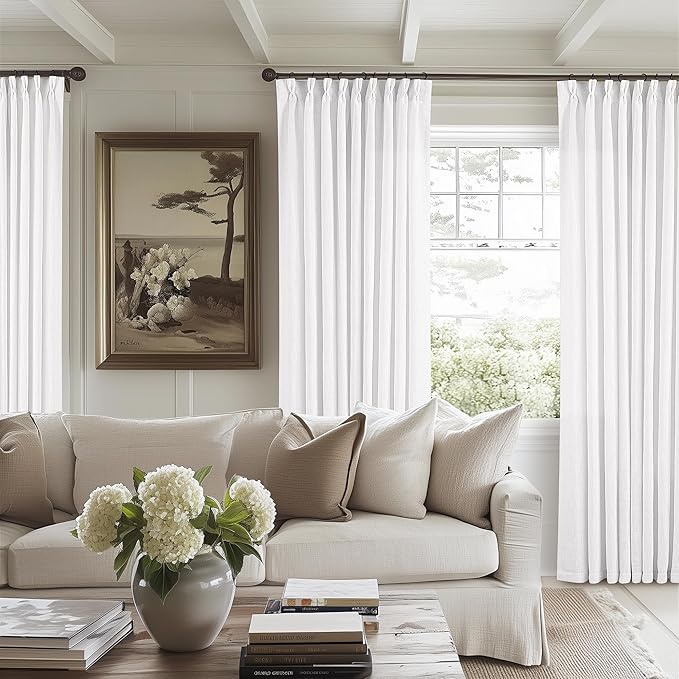 Pinch Pleated Extra Wide Linen Curtains 84 Inches Long for Patio Sliding Glass Door White 60 Inch Wide Pleated Drapes with Hooks Rings Neutral Semi Sheer 60x84 Curtain for Living Room 1 Panel