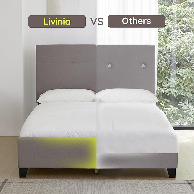 Livinia Amelia Queen Size Platform Bed, Fabric Upholstered Queen Bed Frame with Height Adjustable Headboard Footboard, Strong Wood Slats, No Box Spring Needed, Brown