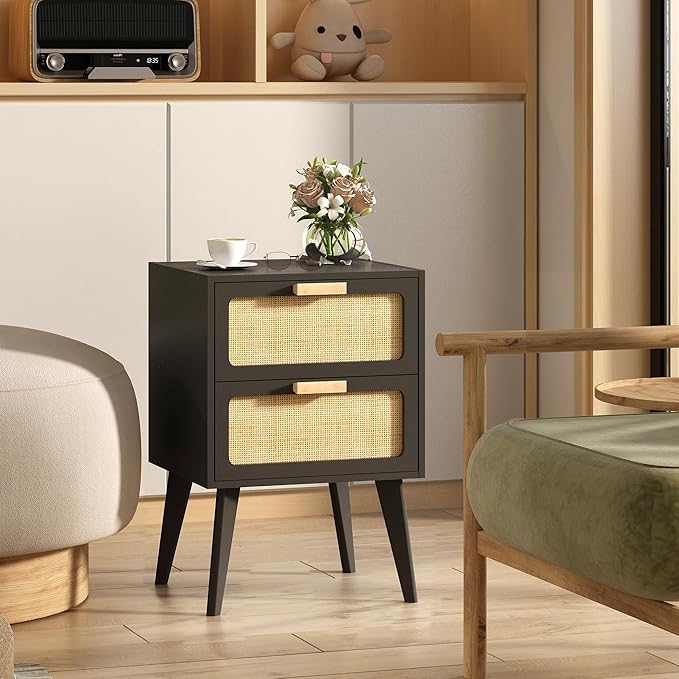 YAUKOMEL Rattan Nightstand, Wood End Table, Side Table with 2 Hand Made Rattan Decorated Drawers,Boho Bedside Table,Wood Accent Table with Storage for Livingroom, Bedroom, Black CTG59B