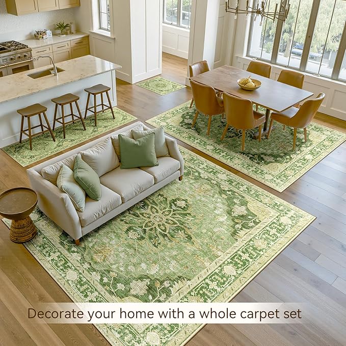 Area Rugs 2'x3' Washable Non-Slip, Floral Vintage Distress Print Pattern Medallion Carpet for Living Room Bedroom Dining Room, Sage Green Yellow
