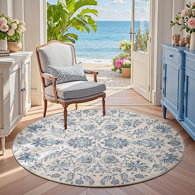 jinchan Torino Classic Floral Round Rug 4ft, Vintage-Inspired Design 4’Circle Rug, Machine Washable Ultra-Thin Low-Pile Non-Slip Indoor Carpet for Bedroom Dining Room Living Room Entryway Dark Blue