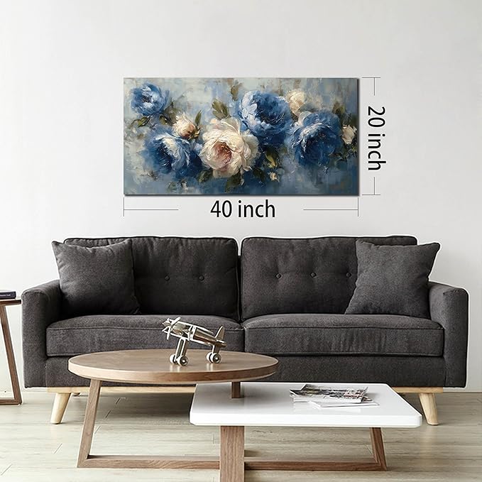 JuhaiArt Peony Floral Wall Art Bedroom Blue Wall Decor White Wall Picture Flower Artwork for Living Room Office 20" x 40"