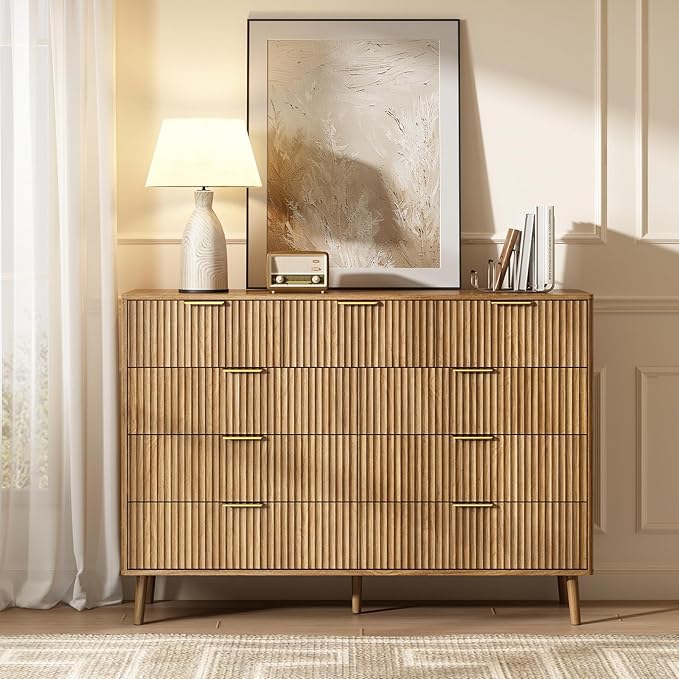 CARPETNAL Fluted 9 Drawer Dresser for Bedroom, 55" Wide Wooden Chest of Drawers with Rounded Corners, Gold Handles, Modern Storage Organizer for Bedroom, Hallway(Walnut)