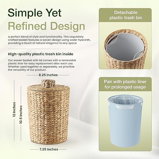 2 Gallons Wicker Waste Basket - Water Hyacinth Bathroom Garbage Can with a Lid - Bathroom Trash Can Boho Style - Wicker Trash Can with Lid for Household, Kitchen - Removable Liner, Iron Frame