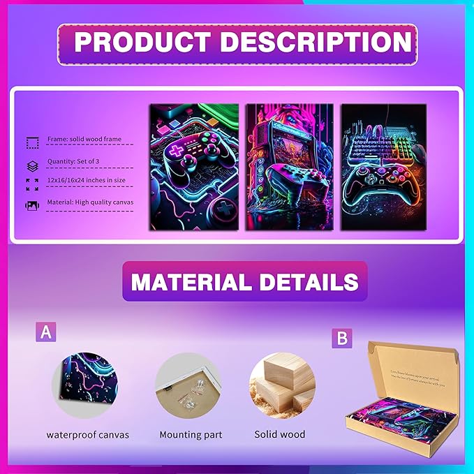 Game Room Decor Posters Set of 3 - Neon Gaming Accessories Theme Canvas Wall Art, Gamer Console Paintings Picture Wall Decor for Children Youth Boys Bedroom 12x16 inch Framed