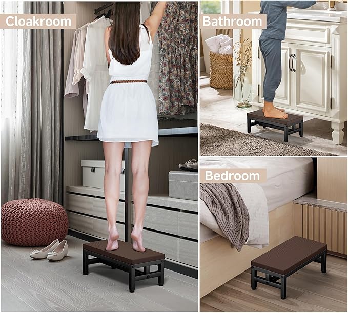 Y&M One Step Stool for Adults Kids, Adjustable Non-Slip Foot Stool with Sturdy Metal Frame, Bed Step for High Beds, Portable Step for Kitchen, Bathroom, Bedroom, Living Room – Coffee