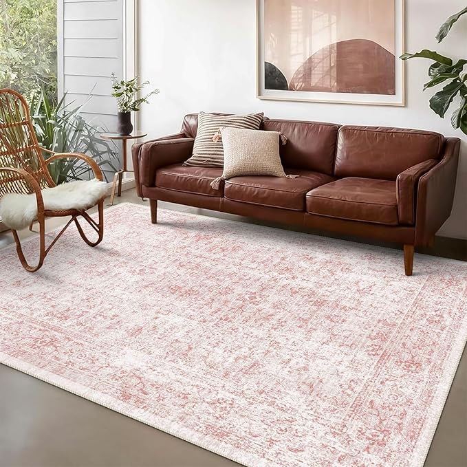 6x9 Area Rug, Ultra-Soft Washable Rug for Living Room, Dinner Room, Bedroom, Non-Slip Vintage Floral Rug, Indoor Carpet Large Area Rug, Pink