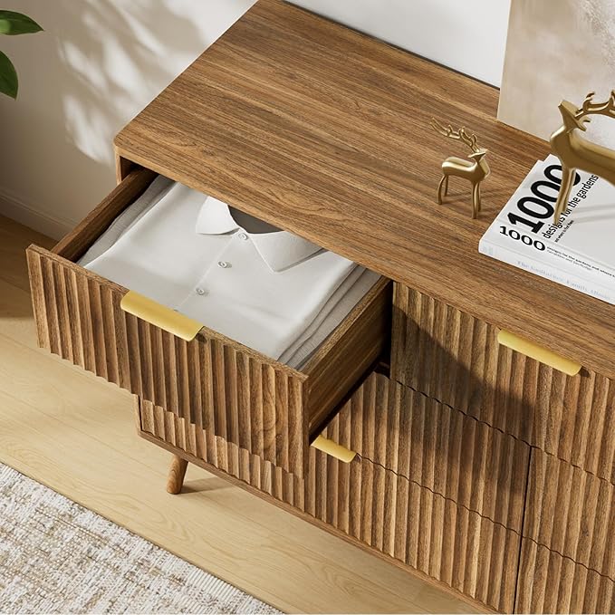 LYNSOM 55" Wide Fluted Dresser for Bedroom with 7 Drawer, Modern Chest of Drawers with Curved Profile Design and Metal Handles, Wood Dresser TV Stand & Storage Organizer for Living Room, Walnut