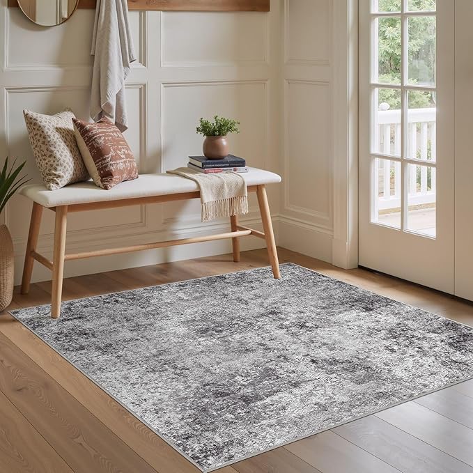 Square Area Rug Living Room Rugs - 5x5 Washable Large Soft Indoor Neutral Modern Abstract Low Pile Rug Carpet for Bedroom Dining Room Farmhouse Home Office - Grey