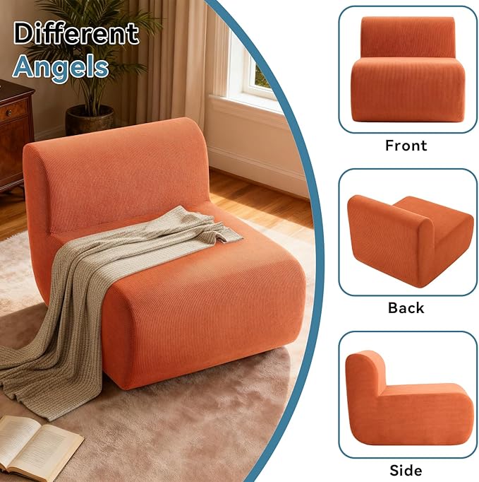 Single Boneless Chairs,Fireside Beanbag Chair Upholstered Cloud Sofa Chair,Corduroy Floor Couch Boneless Couch for Living Room,Memory Foam Lounge Chair for Bedroom,Orange