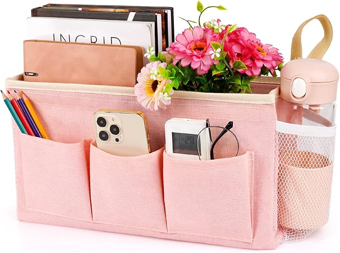 Lilithye Bedside Organizer with Fixed Straps and Water Bottle Holder for Home, College, Dorm, Bunk, Hospital, Crib, Bed Rails - Pink