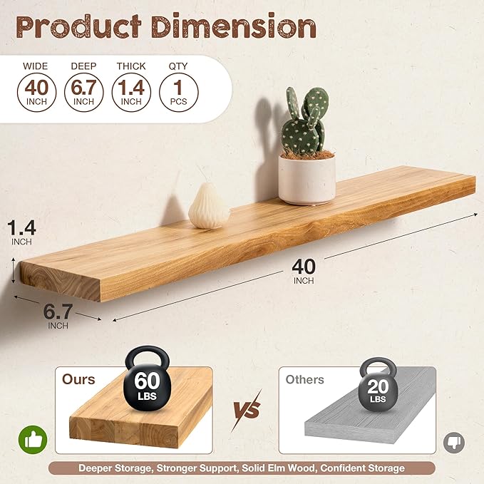 fuqing Floating Shelves for Wall, 40 inch Rustic Solid Elm Wood Floating Shelves, Wooden Wall Shelves with Invisible Heavy Duty Brackets for Living Room, Bedroom, Kitchen, Bathroom, 1 Pack, Natural