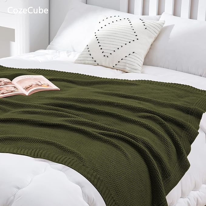 CozeCube Olive Green Throw Blanket for Couch, Soft Cozy Cable Knit Throw for Bed Sofa Living Room, Lightweight Warm Decorative Farmhouse Christmas Blanket, 60"x80", Olive Green