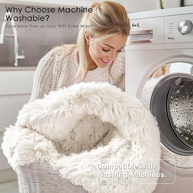 OLANLY Ivory Round Rugs for Bedroom - Machine Washable, 9 ft Circle Area Rugs for Living Room, Soft and Fluffy Shaggy Carpet for Teen Girls and Boys, Nursery Rooms, Dorms, Home Decor Aesthetic