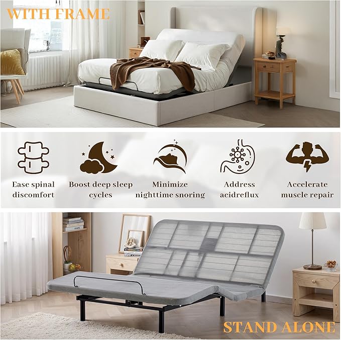 Queen All-in-One Adjustable Bed Frame with Upholstered Wingback Headboard, Head and Foot Incline, Zero Gravity, Massage, App and Wireless Remote, No-Noise, Minimalist, Textured Ivory Canvas