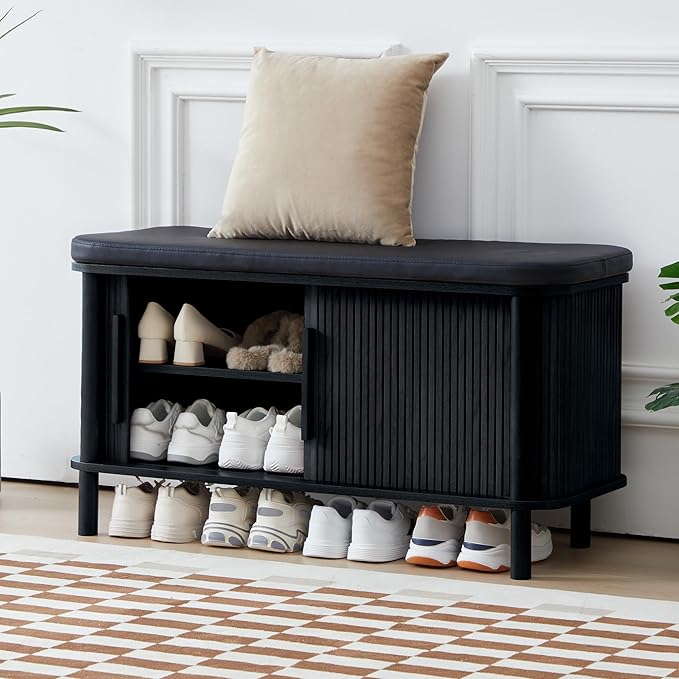 Shoe Bench, Entryway Shoe Cabinet with Leather Cushion and Sliding Door, Modern Shoe Storage Organizer for Living Room, Hallway (Black)