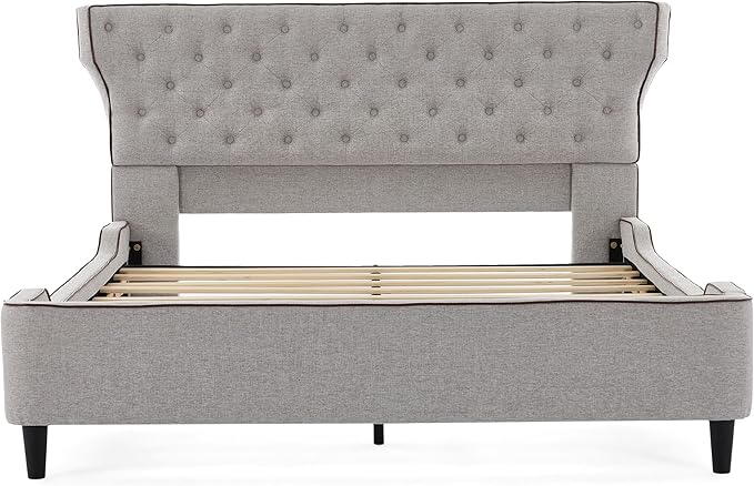 Christopher Knight Home Salus Linen Upholstered Queen Size Bed Frame with Headboard, Modern Queen Bed Frame and Headboard, Wooden Slats Support, Easy Assembly, No Box Spring Needed, Grey