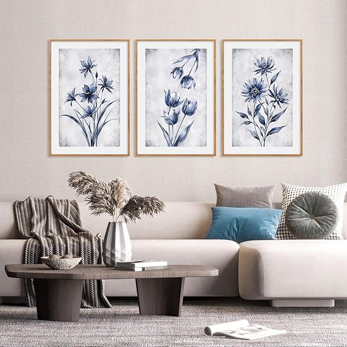 LHIUEM Navy Blue and Grey Flower Framed Canvas Wall Art Set,Modern Botanical Plant Wall Decor,Neutral Wildflower Painting,Watercolor Aesthetic Floral Artwork for Living Room,Bedroom,Office-16''x24''x3