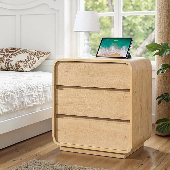 Natural Curved Nightstand Set of 2, 23.2" Large Wood Bedside Table with 3 Drawers, Charging Station, Modern Side Table, Mid-Century End Table Night Stand for Bedroom Sofa,
