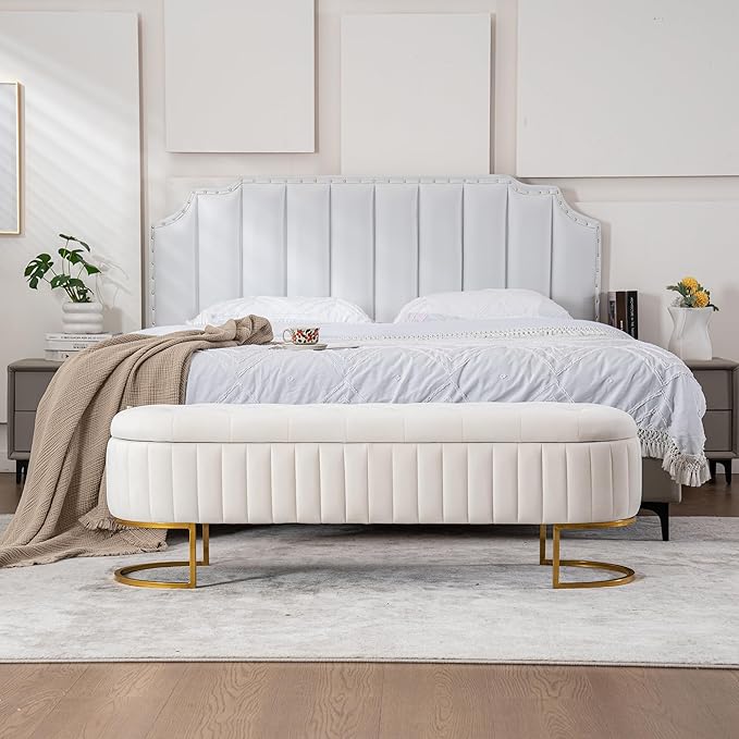 Velvet Storage Bench for Bedroom, Modern Tufted End of Bed Bench for King Size Bed, Upholstered Long Ottoman Bench with Gold Legs for Living Room/Entryway (Ivory White, 55" Wide)