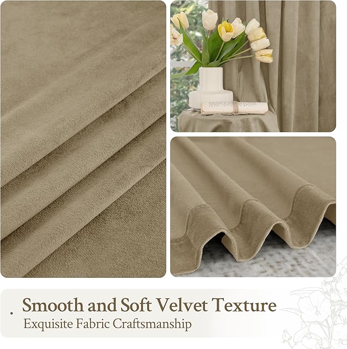 LAMIT Dark Taupe Velvet Curtains 120 Inch for Living Room, Thick Thermal Insulated Drapes Room Darkening Country Decor Back Tab and Rod Pocket Panels for Bedroom, 2 Panels, 52 x 120 Inch