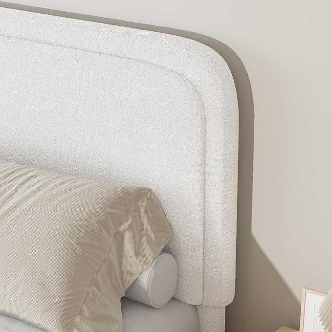 BarnFurin Boucle Upholstered Bed Frame King Size/Cloud Bed Frame/Soft Rounded Corners Headboard/Low Profile/No Box Spring Needed/White