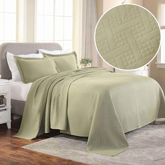 Superior 100% Cotton Basket Weave Bedspread with Shams, All-Season Premium Cotton Matelasse Jacquard Bedding, Quilted-Look Geometric Basket, Full, Sage