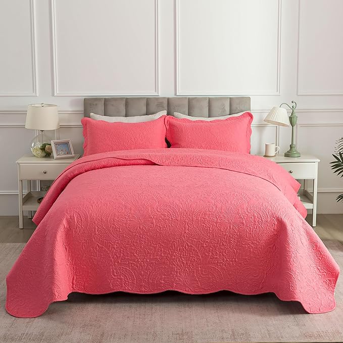 HoneiLife Quilt Sets King Size - Microfiber Bedspreads for King Bed, 3-Piece Lightweight Coverlets, Retro Bedlinen Sets, King Quilt Bedding Set All Season Use-Sugar Coral