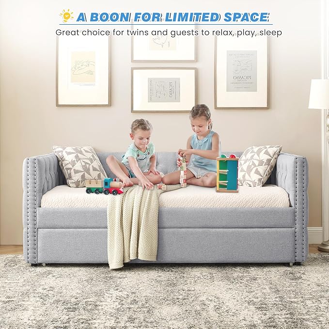 Antetek Daybed with Trundle, Upgraded Linen Upholstered Twin Size Day Bed Button-Tufted Sofa Daybed Frame with A Trundle,No Box Spring Needed,Furniture for Bedroom Living Room (Light Grey, Twin)