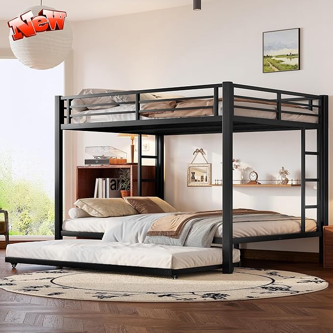 Upgraded Version Thicken Metal Heavy-Duty Queen Over Queen Bunk Bed with Trundle, Best Modern Style Stronger Queen Size Bunk Bed Frame with Ladder for Adults, Easy Assembly (Queen with Trundle)