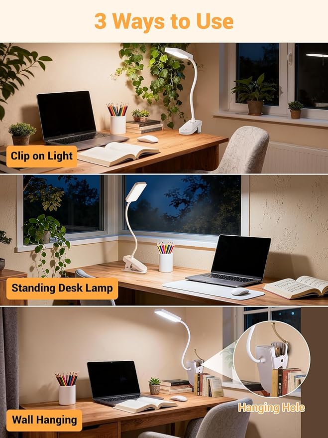 Clip on Lamp,9 Brightness+5 Color Clamp Light,4000mAh Battery Rechargeable Desk Lamp with Clamp,450 Lumen 48 LED Desk Light,Cordless Clip on Reading Lights for Bed/Headboard/Bedside Table