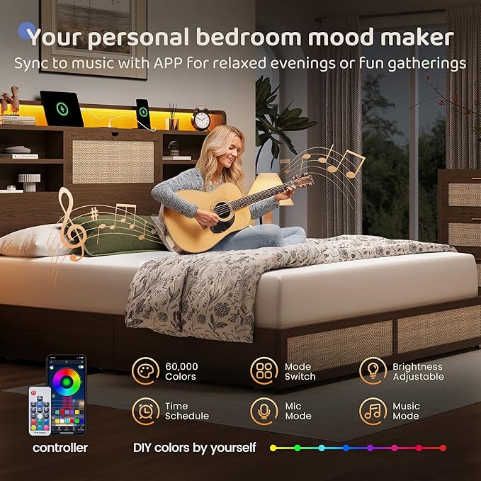 Queen Size Rattan Bed Frame with 4 Storage Drawers and Hidden Storage Headboard Wooden Platform Bed Frame with LED Lights and Charging Station, No Box Spring Needed, Easy Assembly, Brown