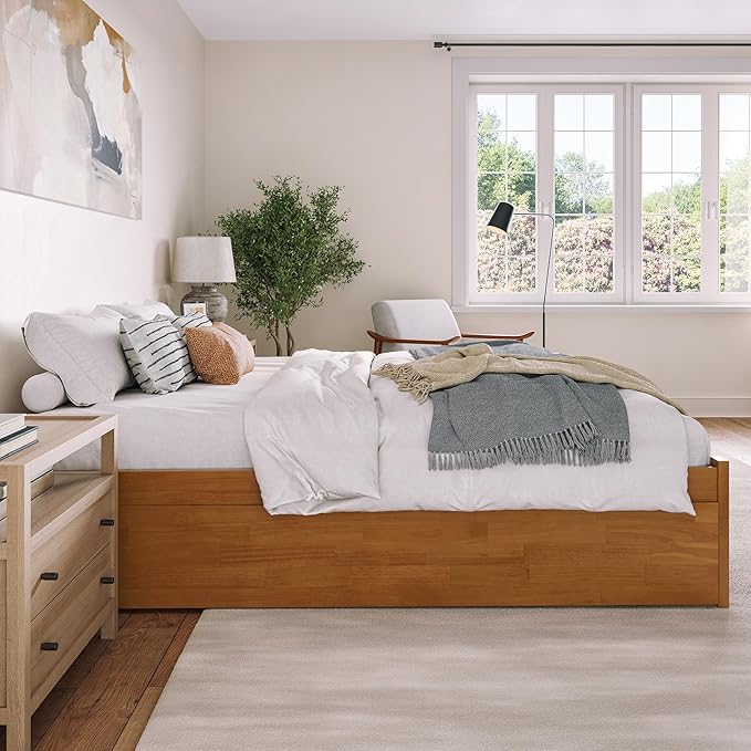 AFI Concord King Solid Wood Platform Bed with Footboard & Twin XL Trundle in Light Toffee