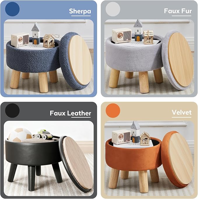 FIMIVIBI Small Foot Stool Ottoman with Storage, Velvet Ottoman Foot Rest for Couch, Round Footstool with Storage, Small Ottomans and Footstools for Living Room and Entryway (Gray)