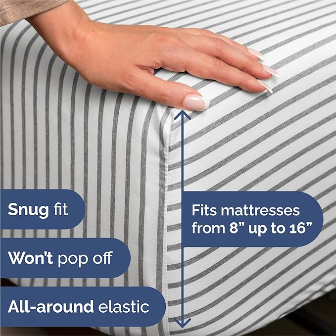 King 6 Piece Sheet Set - Cooling, Comfy & Breathable - Hotel Luxury Bedding, Includes Fitted Sheet for Women, Men, Kids & Teens - 1 Flat, 1 Fitted Sheet, 4 Pillowcases w/Deep Pockets - Grey Stripes