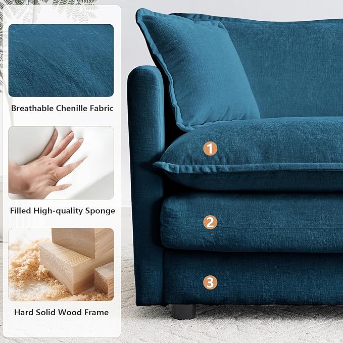 mikibama 41.4 Inch Single Seat Sofa, Chenille Comfy Deep Upholstered Couch Armchair with Toss Pillow for Living Room Bedroom Office Apartment, Blue