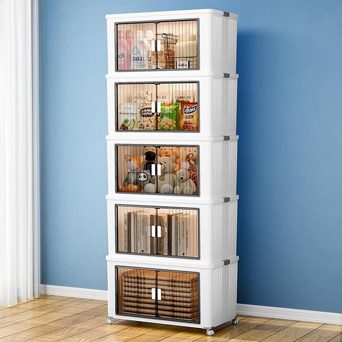 5 Tier 540 Qt Storage Bins with Lids - Stackable Storage Bins, Large Plastic Storage Boxes for Toy, Closet, Open Front Storage Bin with Wheels Suitable for Garage, Bedroom, Living Room, Camping