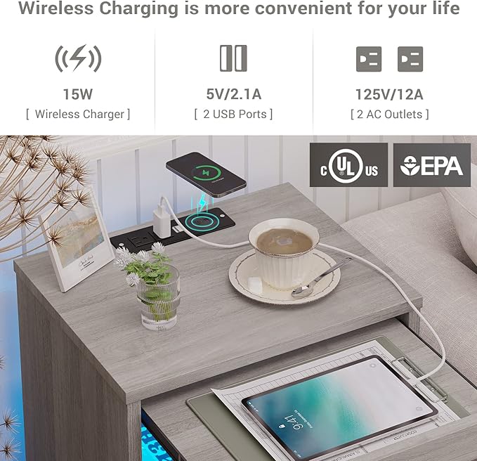 Tiptiper LED Nightstand with Wireless Charging Station, Farmhouse Nightstand with LED Light, Rustic End Table Side Table with Drawers, Pull-Out Tray and Open Storage, Grey Wood Grain